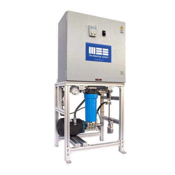 Compact industrial pump unit with a blue filter housing, enclosed control panel on top, and aluminum frame, designed for high-pressure misting or humidification applications.
