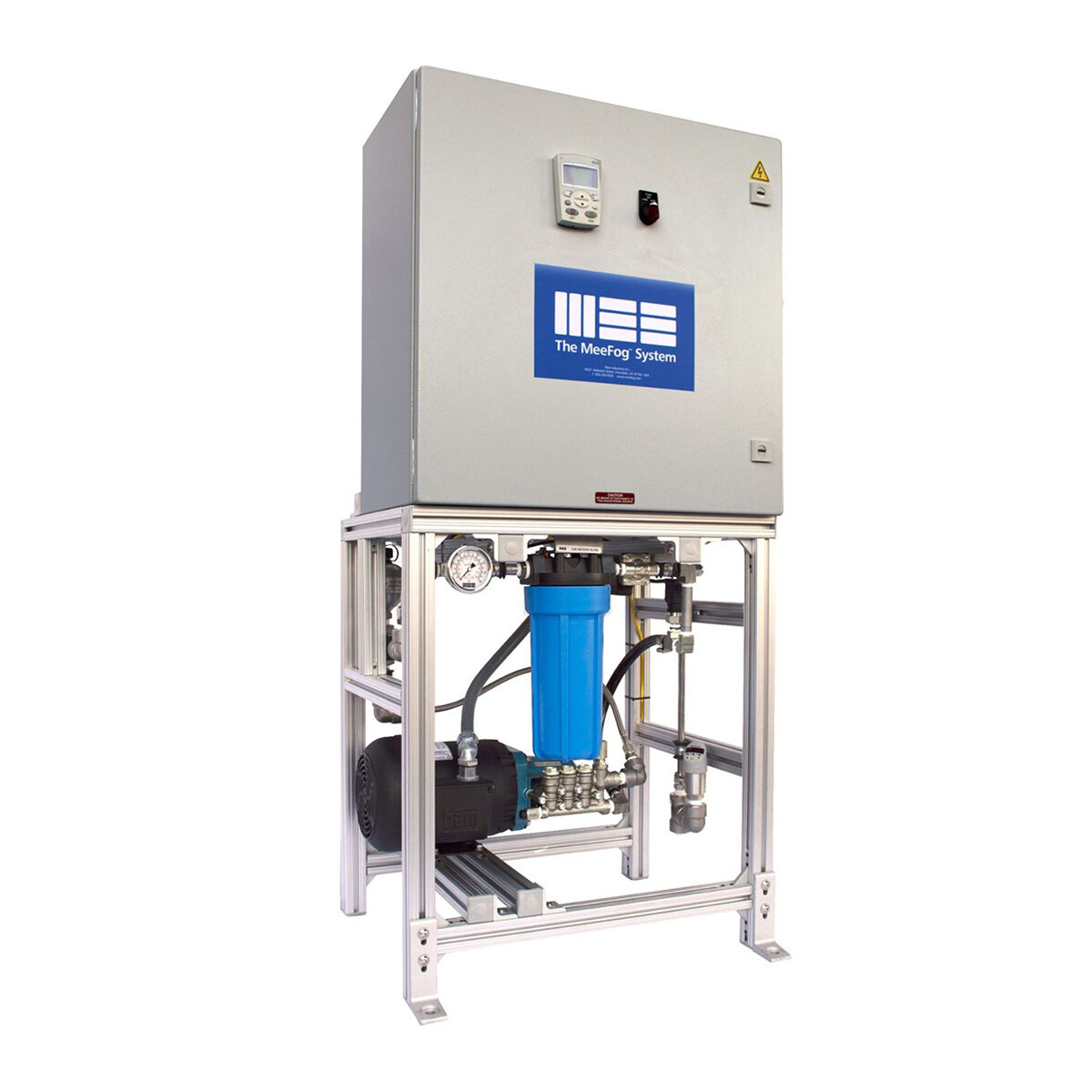 Compact industrial pump unit with a blue filter housing, enclosed control panel on top, and aluminum frame, designed for high-pressure misting or humidification applications.