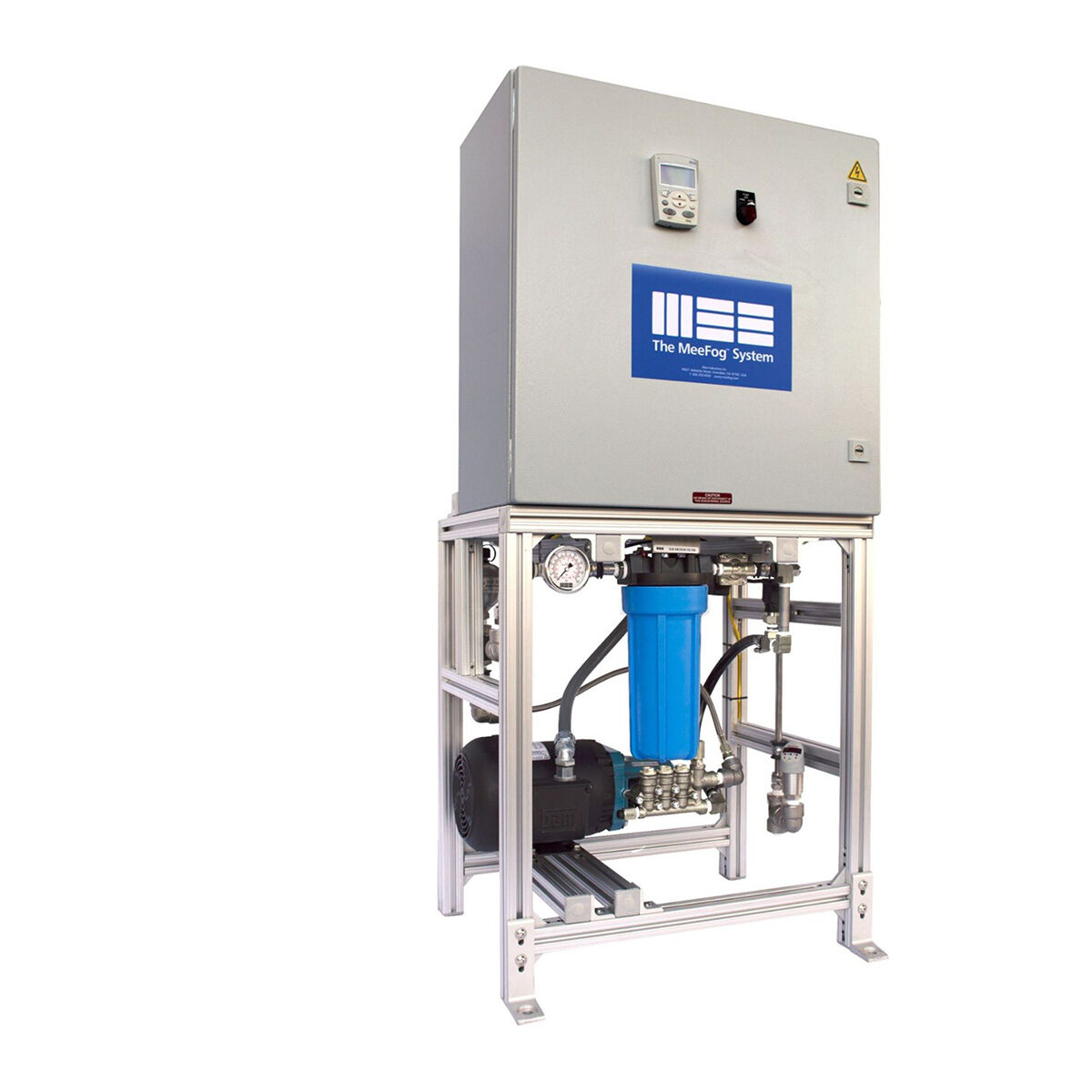 Compact industrial pump unit with a blue filter housing, enclosed control panel on top, and aluminum frame, designed for high-pressure misting or humidification applications.