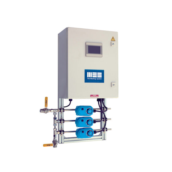 A mechanical control panel for the MeeFog system, featuring three blue pumps and valves, equipped with a digital display.
