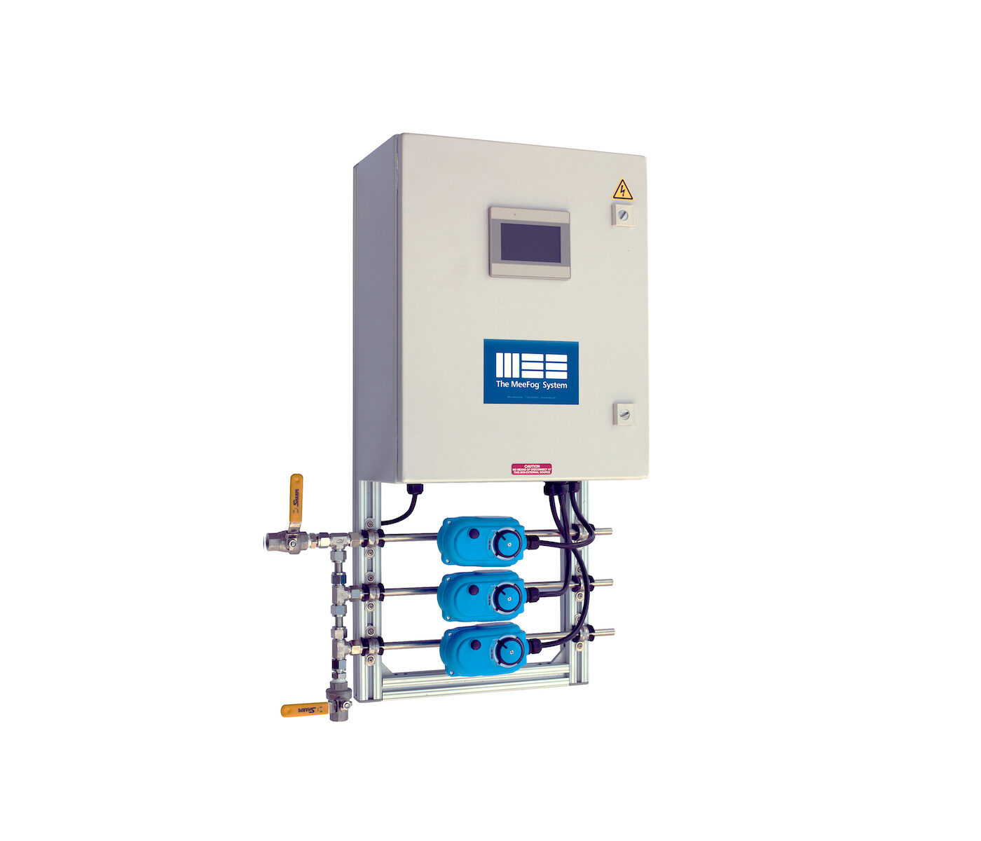 A mechanical control panel for the MeeFog system, featuring three blue pumps and valves, equipped with a digital display.