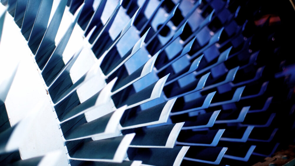 Close-up of Rolls Royce RB211G gas turbine at offshore gas re-injection well in the Persian Gulf