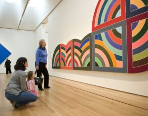 Mother and child looking at art gallery inside MOCA Museum of Contemporary Art in los angeles for meefog humidification for art museums