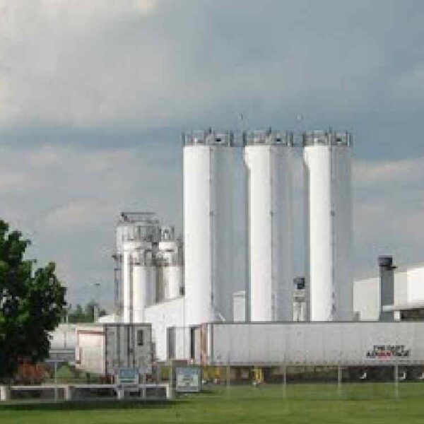 Georgia-Pacific industrial facility with large silos and a delivery truck, set against a cloudy sky and green landscape.