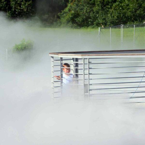 A person stands on a wooden platform surrounded by thick fog, with greenery visible in the background.
