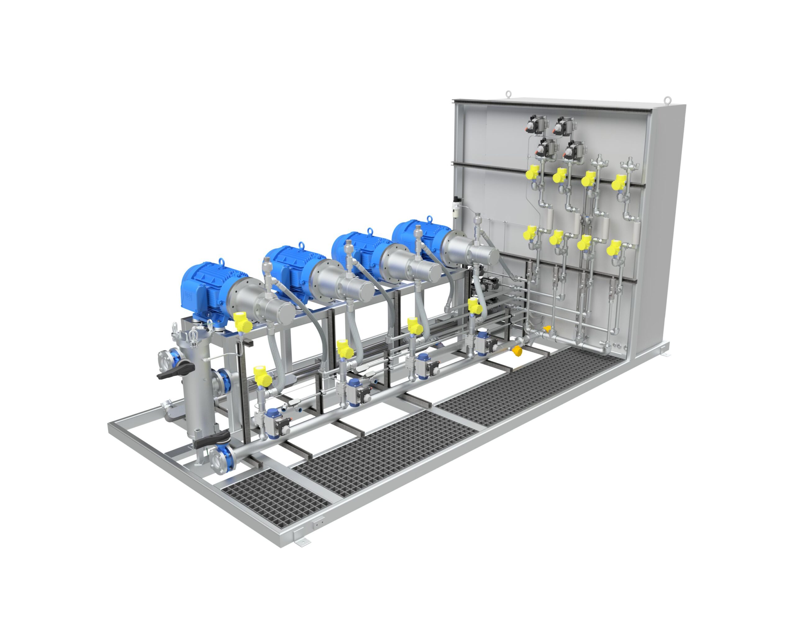 Modular chemical injection skid system with four motor-driven pumps, filtration unit, piping, valves, and a control panel mounted on a metal frame with grated flooring