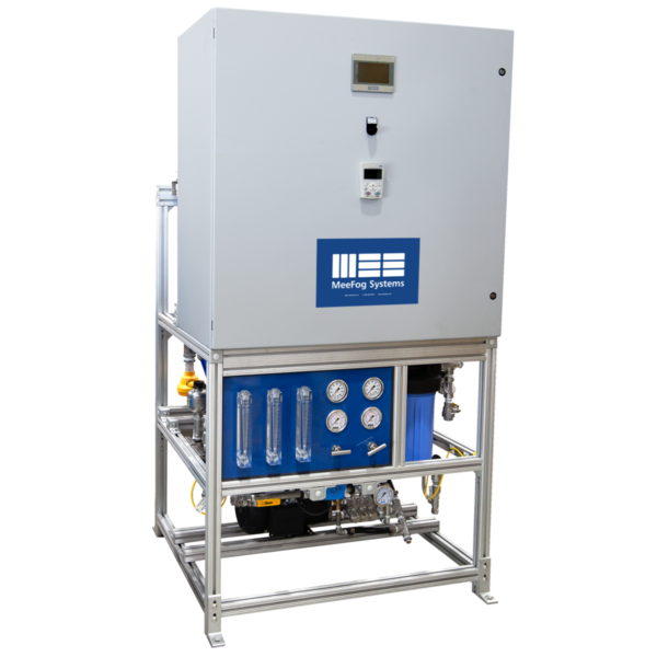 A professional-grade water filtration system. The top section consists of a large grey electrical enclosure with the MeeFog Systems logo. Below, a blue control panel houses three vertical flow meters and four circular pressure gauges. The entire assembly is built on a modular silver aluminum strut frame, showing various stainless steel pipes, a blue filter housing, and a pump motor at the base.