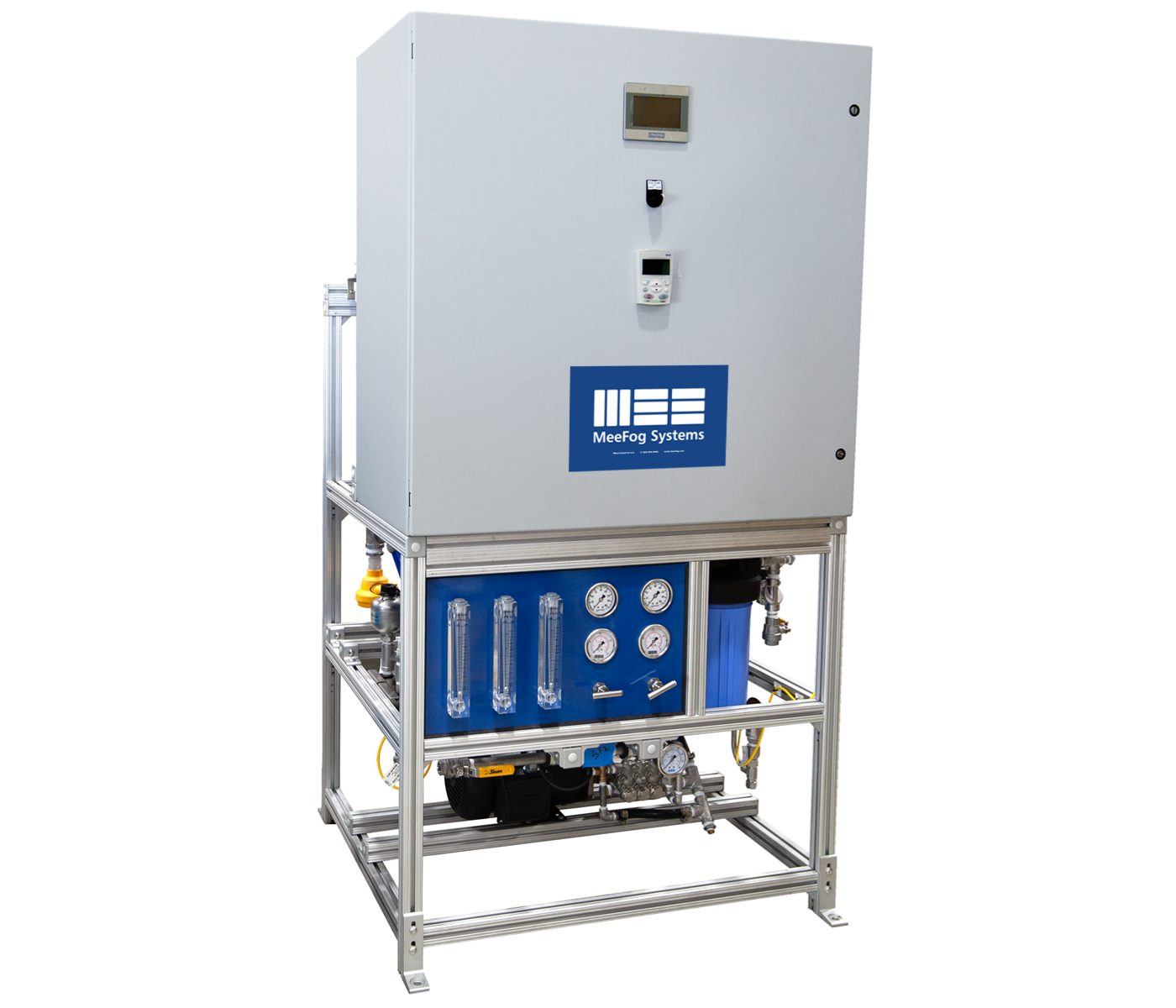 A professional-grade water filtration system. The top section consists of a large grey electrical enclosure with the MeeFog Systems logo. Below, a blue control panel houses three vertical flow meters and four circular pressure gauges. The entire assembly is built on a modular silver aluminum strut frame, showing various stainless steel pipes, a blue filter housing, and a pump motor at the base.