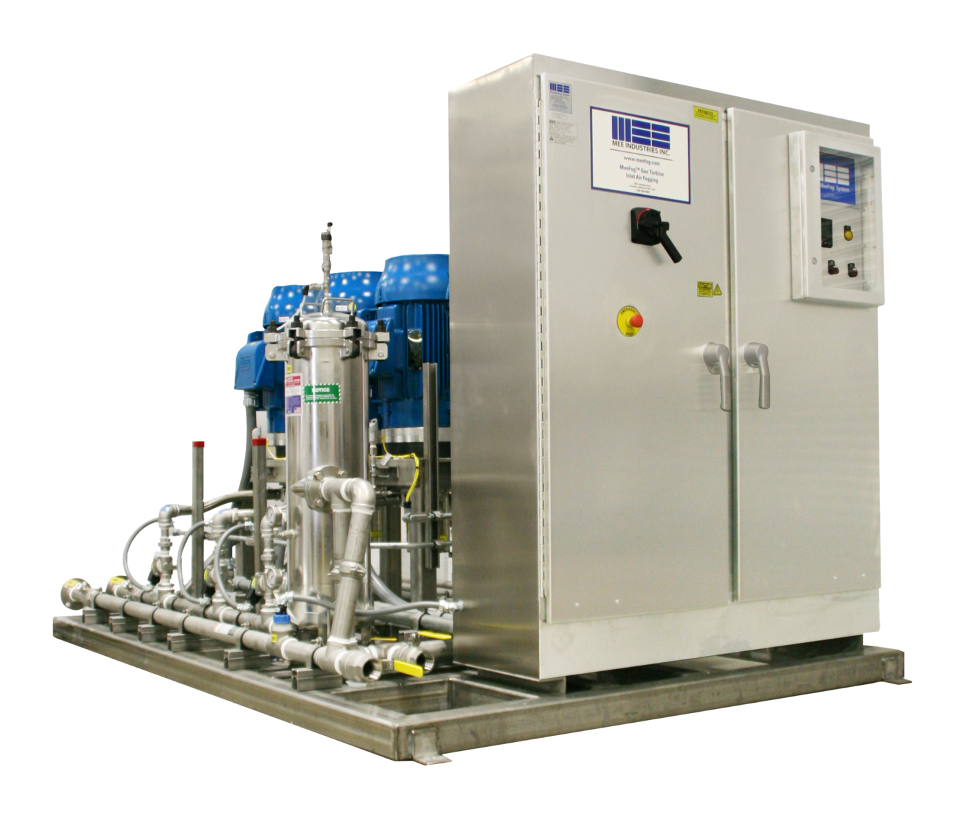Stainless steel industrial pump skid with two blue electric motors, integrated filtration system, and enclosed control panel mounted on a metal base.