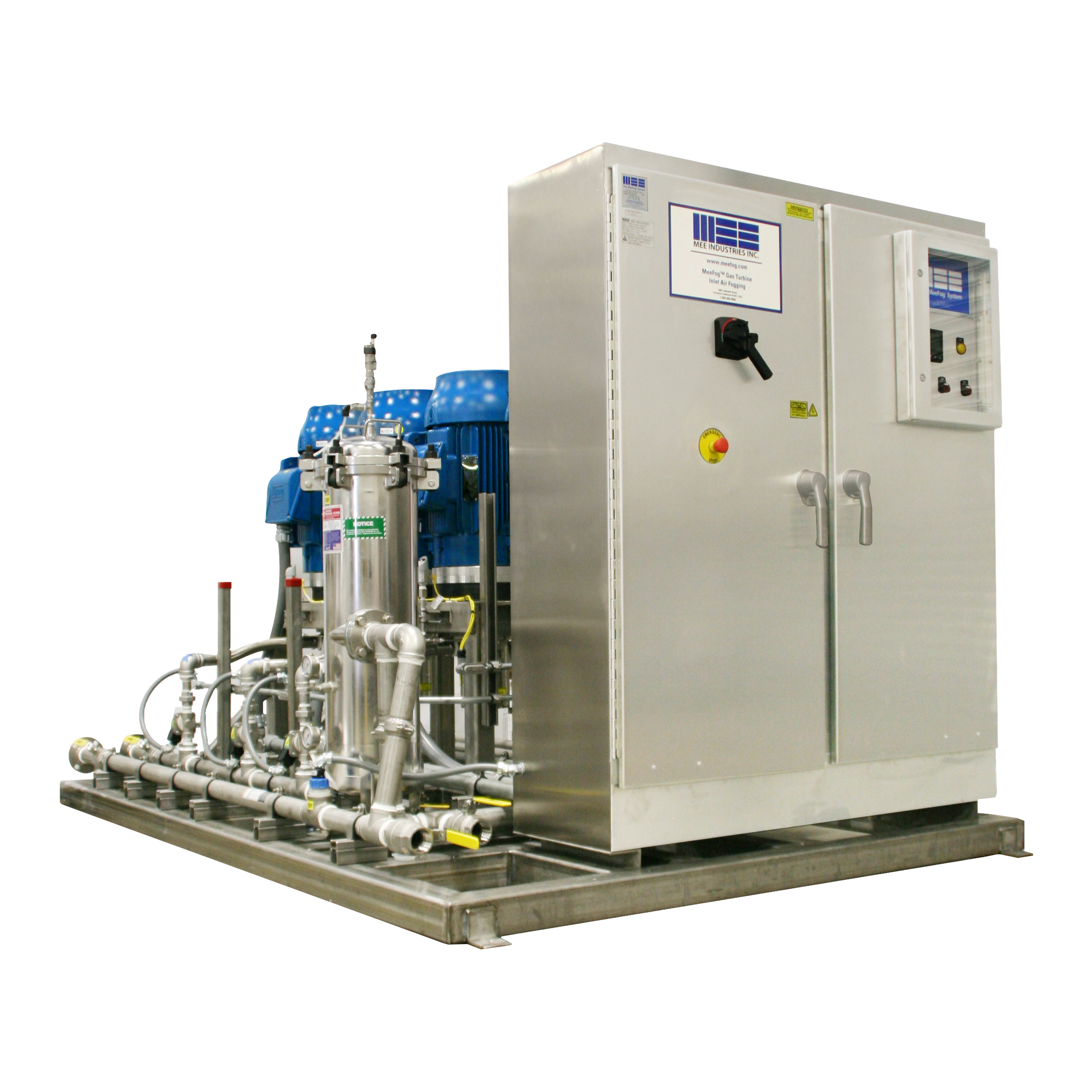 Stainless steel industrial pump skid with two blue electric motors, integrated filtration system, and enclosed control panel mounted on a metal base.
