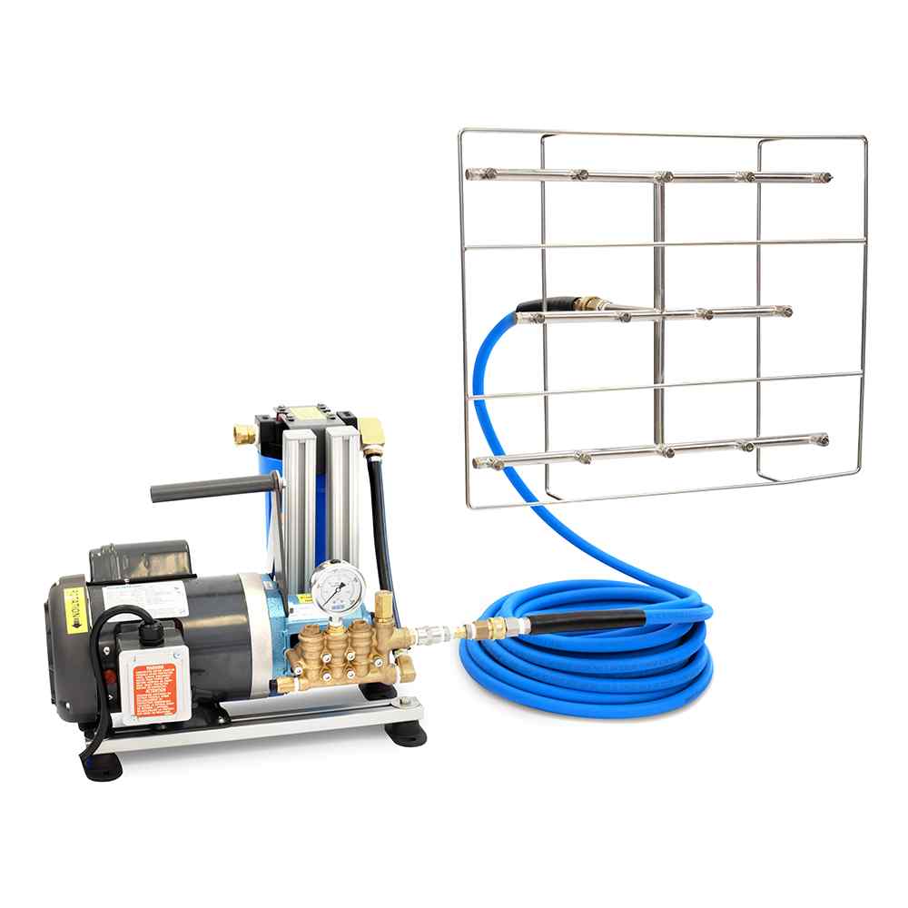 A high-pressure pump with a pressure gauge next to a stainless steel sprayer connected by a blue hose, used for various applications.