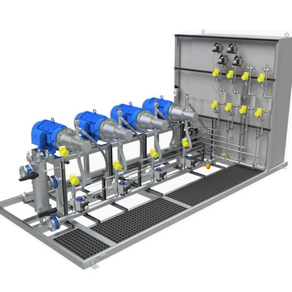 A detailed view of an industrial pump system featuring multiple blue motors, pipes, and valves, mounted on a stainless steel framework.