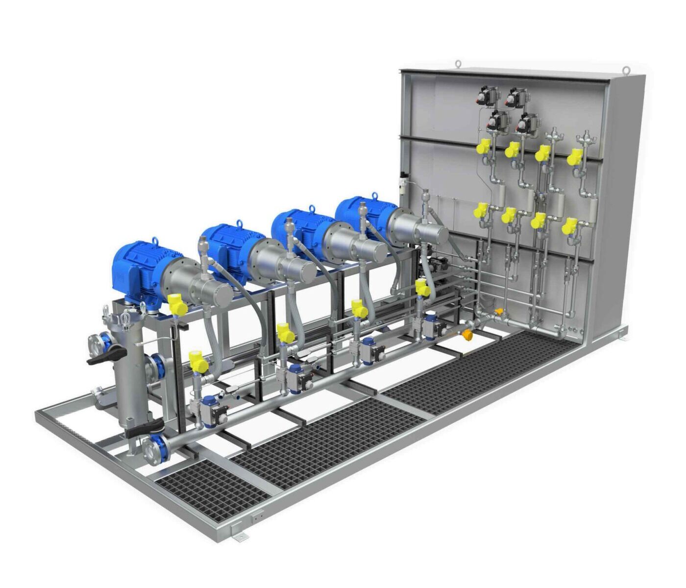 A detailed view of an industrial pump system featuring multiple blue motors, pipes, and valves, mounted on a stainless steel framework.