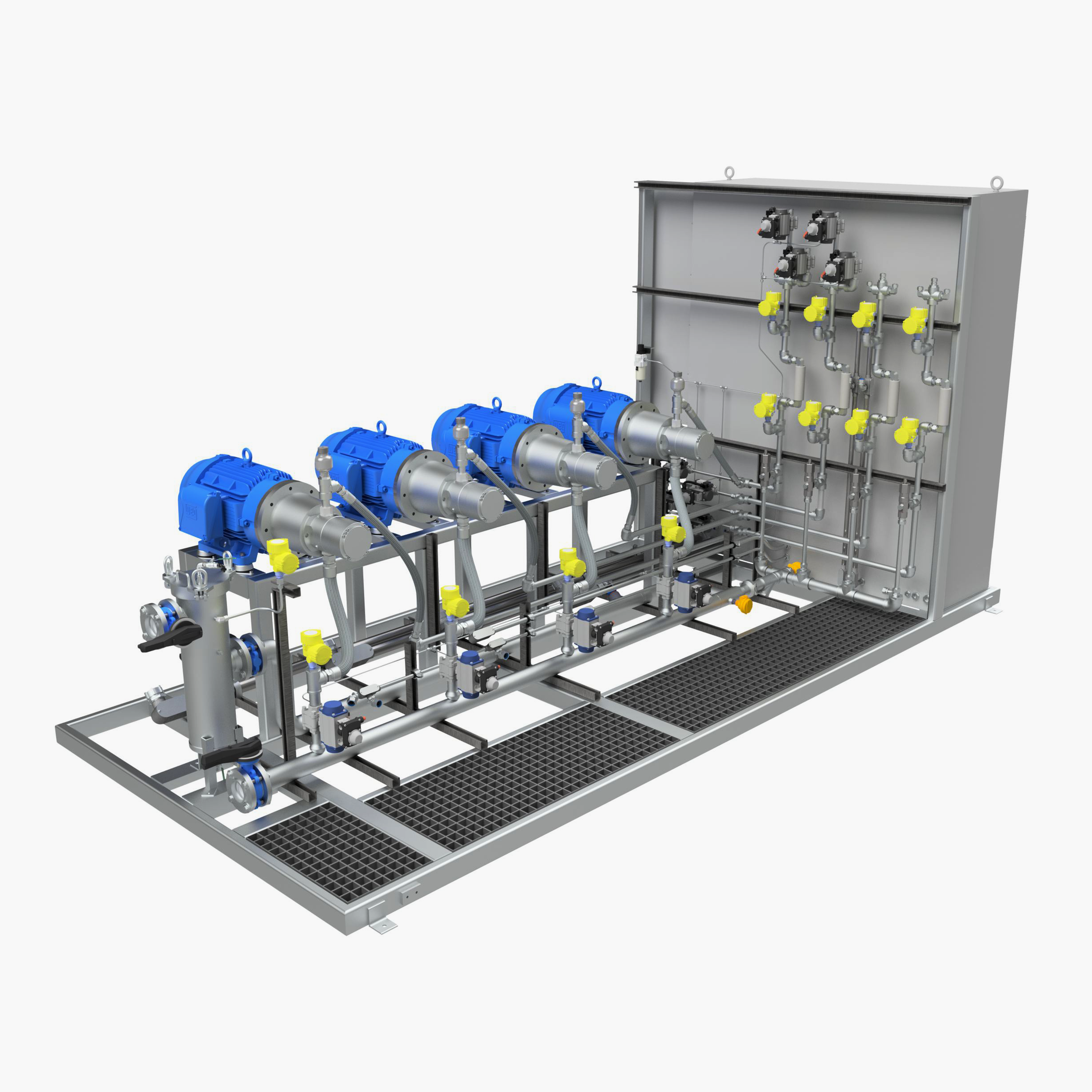 A high-resolution 3D rendering of an industrial pump skid system featuring four stainless steel high-pressure pumps mounted in a row on an open metal frame. Each pump is driven by a blue electric motor, connected via direct drive couplings. The system includes numerous stainless steel pipes, pressure gauges, valves with yellow handles, and instrumentation components. On the right, a vertical control panel enclosure houses multiple solenoid valves and additional plumbing. The base has grated flooring for drainage and easy maintenance access.