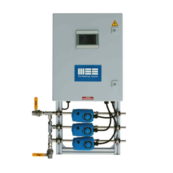 Control unit for MeeFog System featuring a digital display, valves, and three blue motors for precision fog generation.