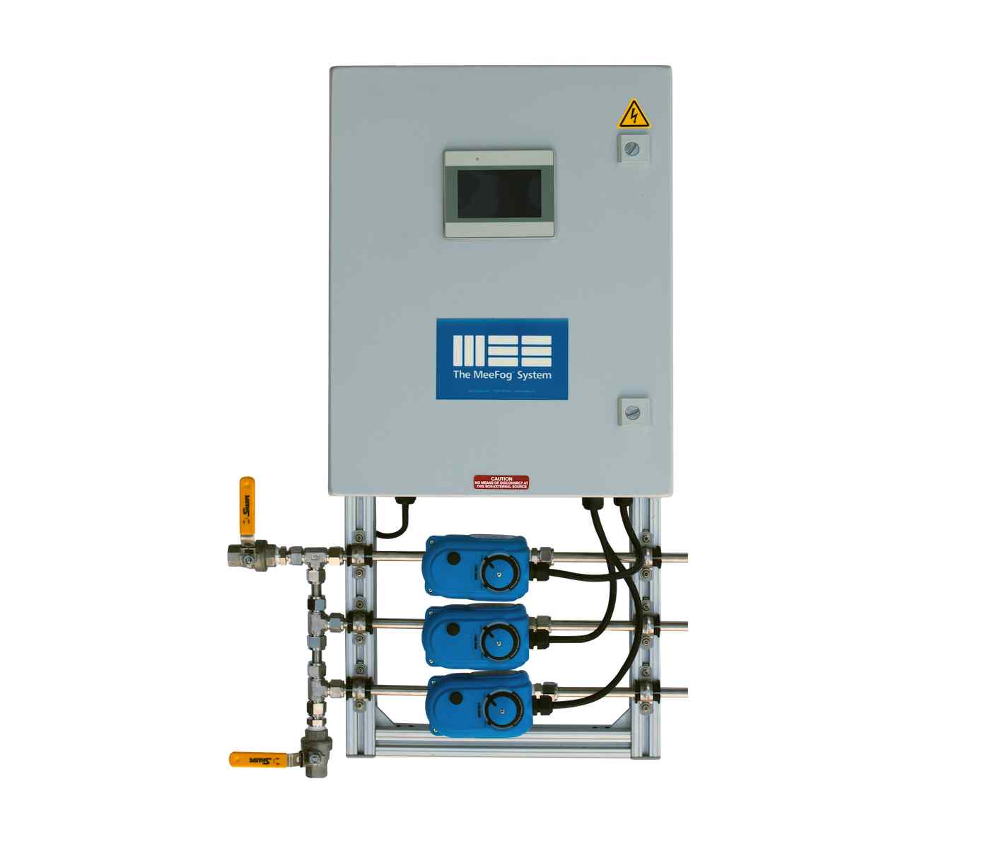Control unit for MeeFog System featuring a digital display, valves, and three blue motors for precision fog generation.