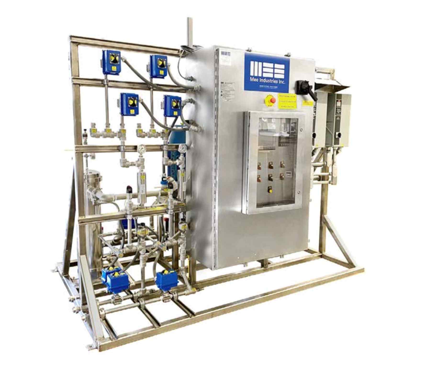 Industrial control panel with valves, sensors, and piping machinery for process automation, branded by Mee Industries Inc.