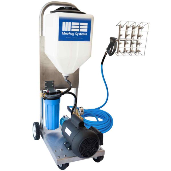 A mobile fogging system featuring a large tank, motor, blue hose, and multi-nozzle attachment for misting applications.