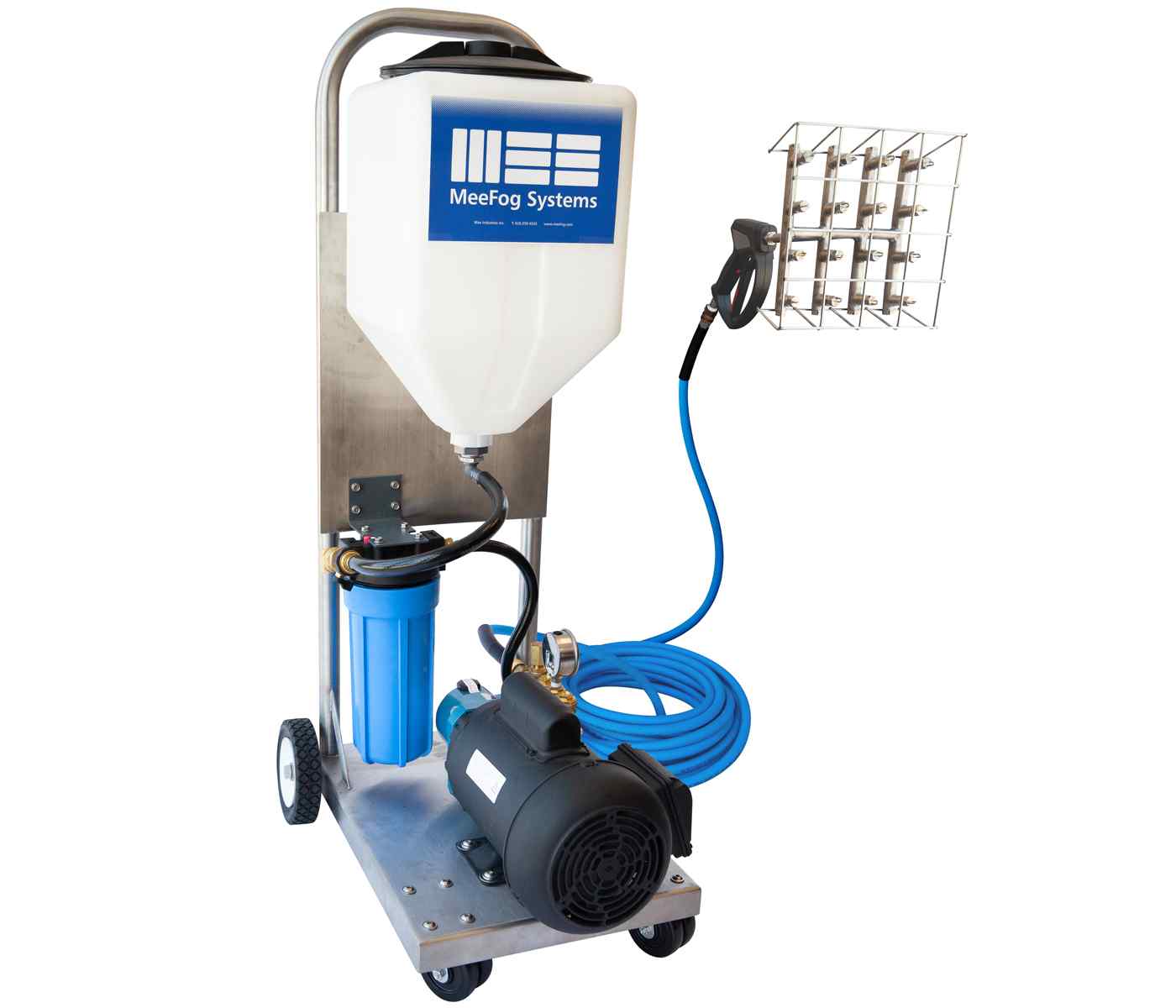 A mobile fogging system featuring a large tank, motor, blue hose, and multi-nozzle attachment for misting applications.
