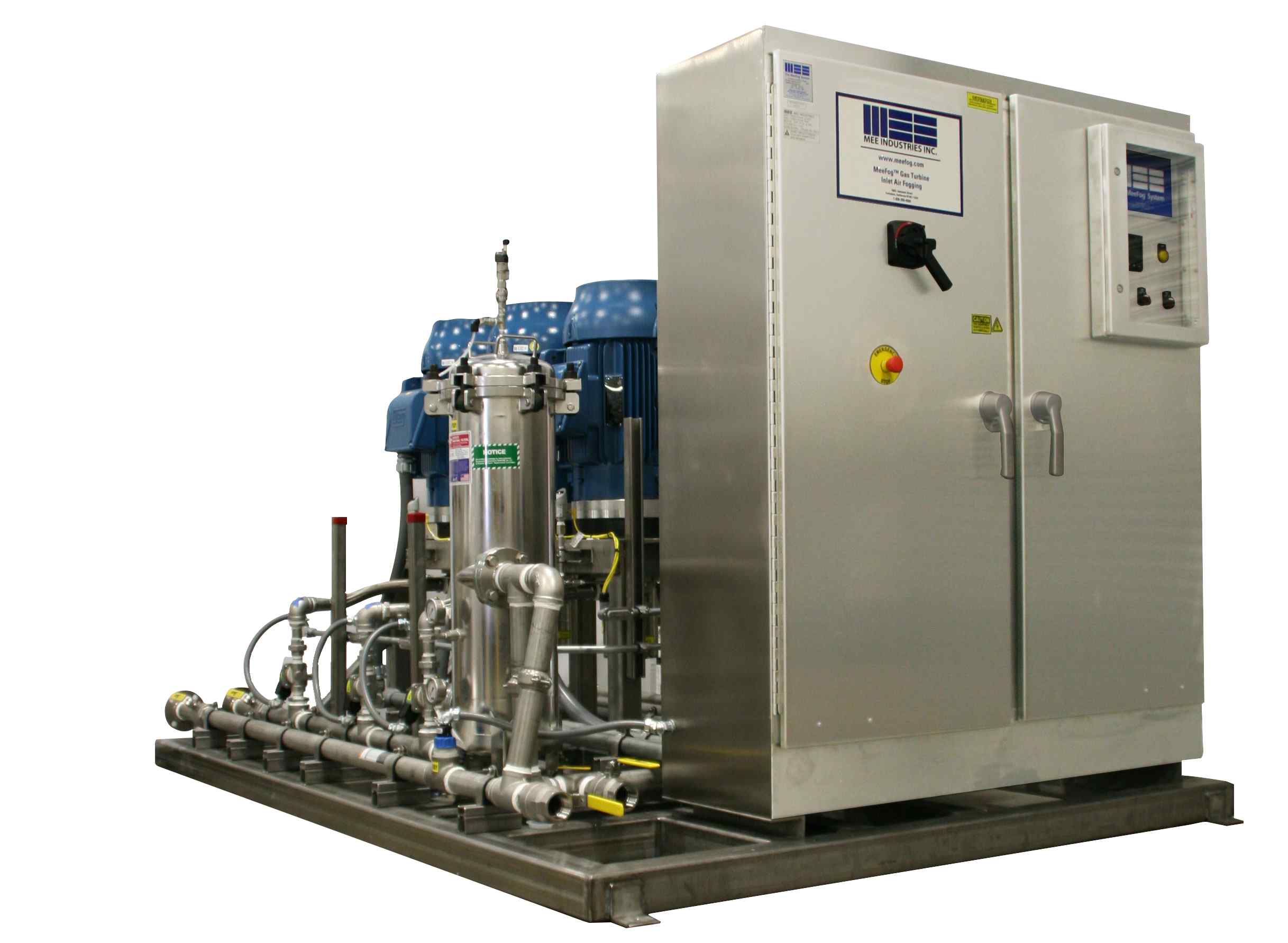 Industrial water treatment system featuring pumps, a filtration unit, and a control panel on a metal frame.