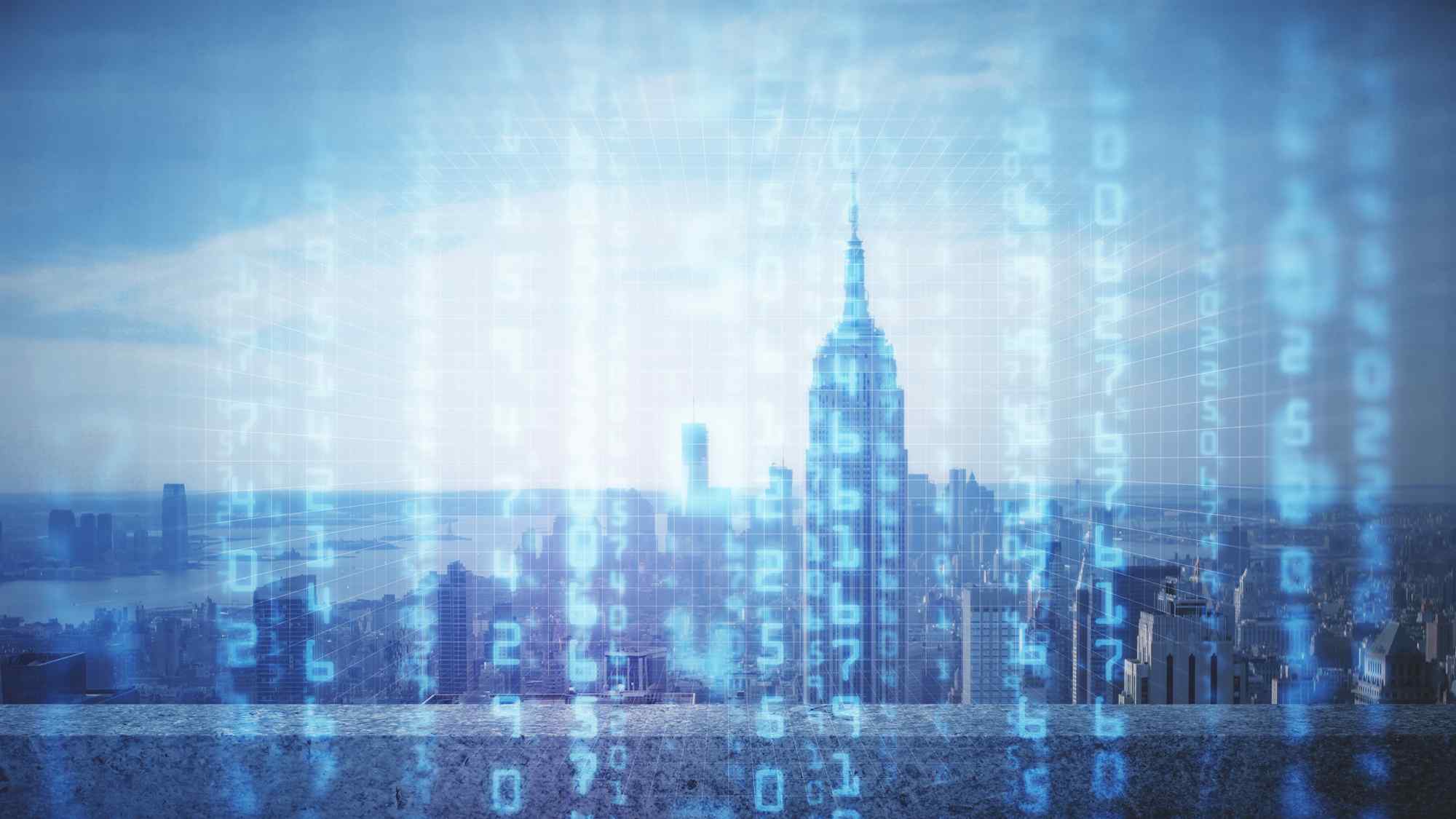 A digital overlay of blue binary code in front of the Empire State Building, set against a hazy New York City skyline.