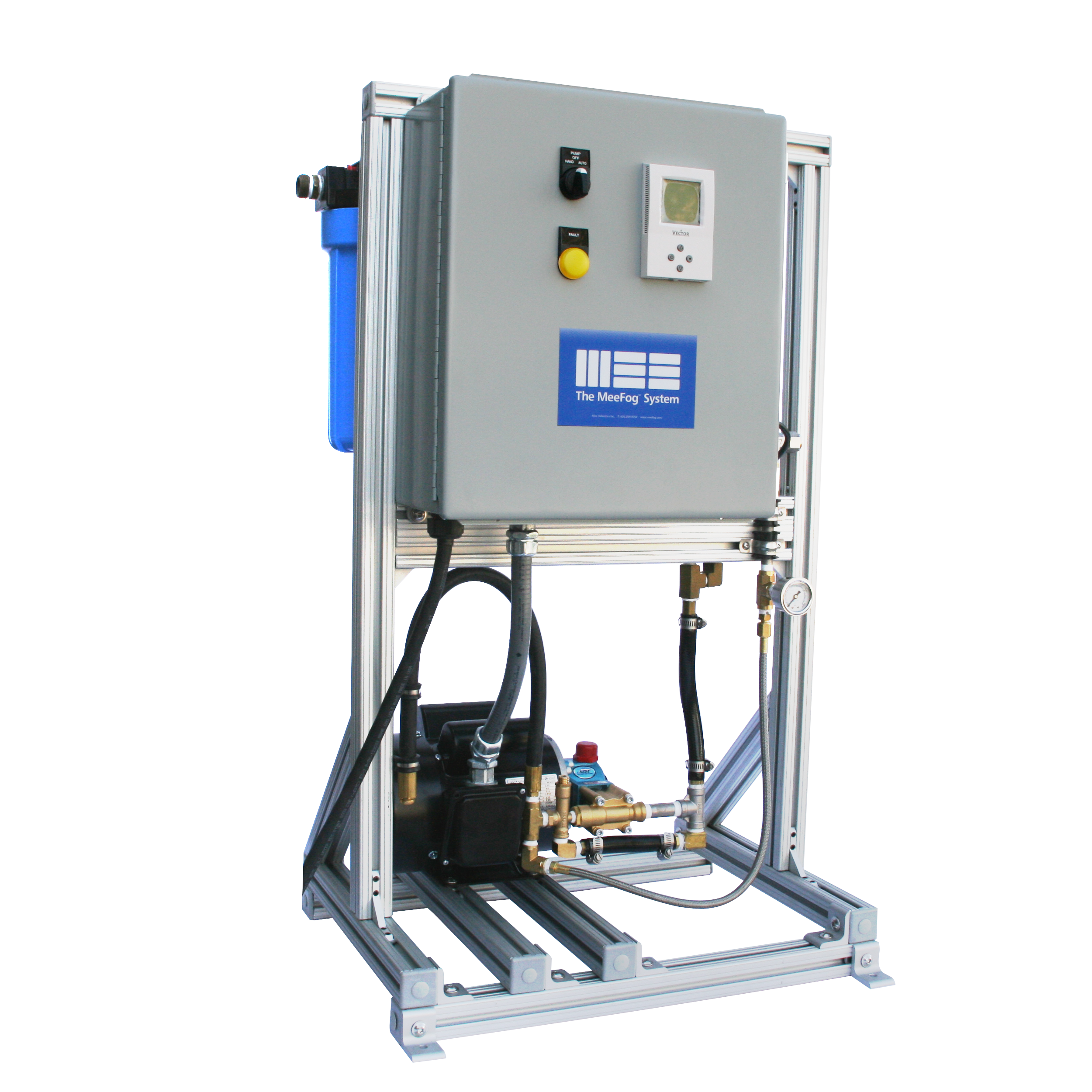 A compact industrial humidification system with control panel and water filtration unit