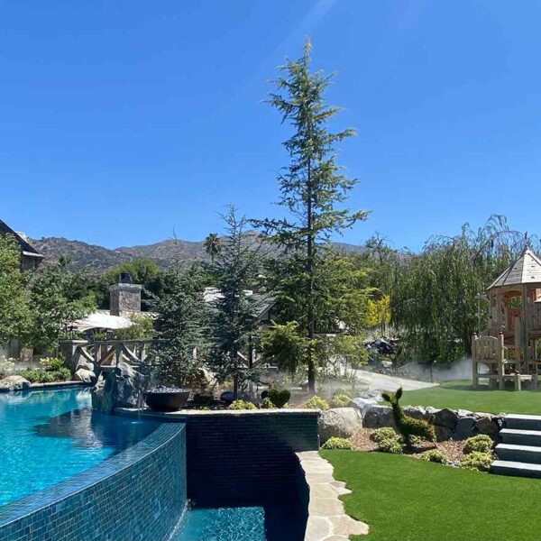 A luxurious backyard features a cobalt blue pool, lush greenery, and a children's playset with slides under a clear blue sky.