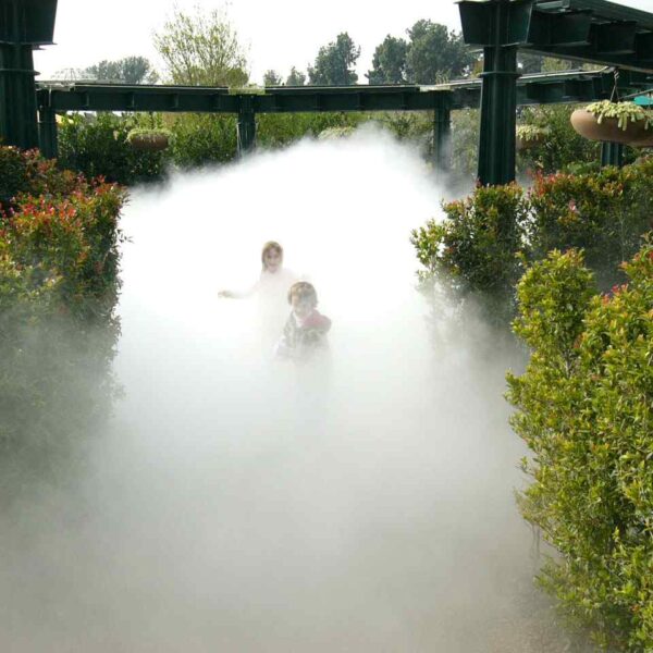 Two children are partially obscured by billowing mist, surrounded by vibrant greenery in a serene outdoor setting.