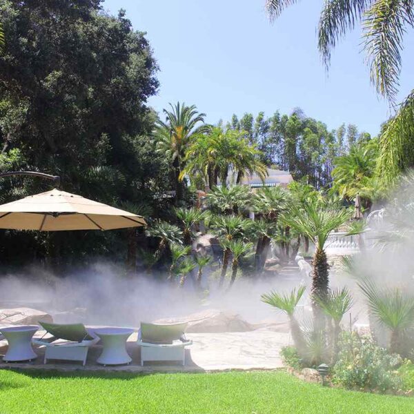 A serene garden scene with mist, featuring lounge chairs under a large umbrella, lush palms, and a statue in the background.