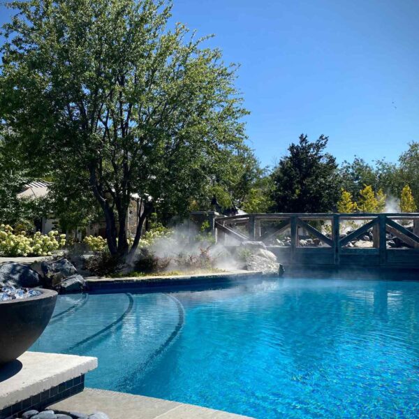 A serene pool scene with clear blue water, mist rising, surrounded by lush trees and a wooden bridge under a bright blue sky.