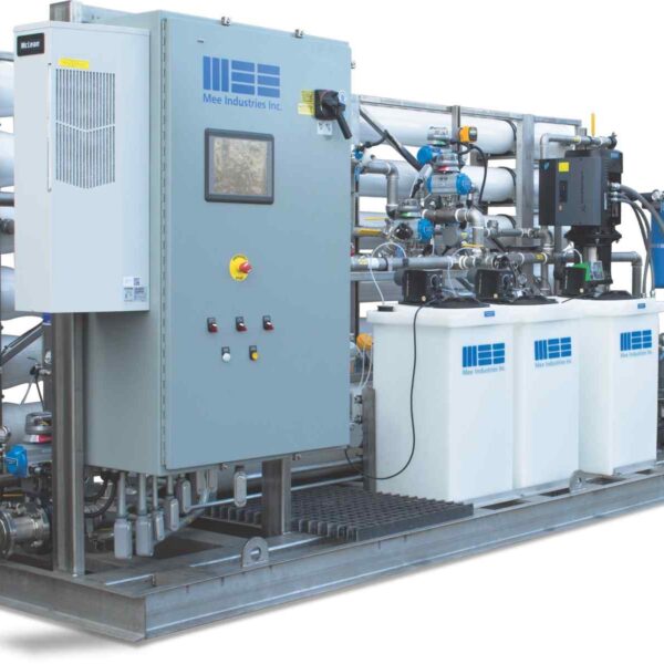 Industrial water treatment system with pipes, pumps, and control panel on a metal frame, featuring white storage tanks and blue accents.