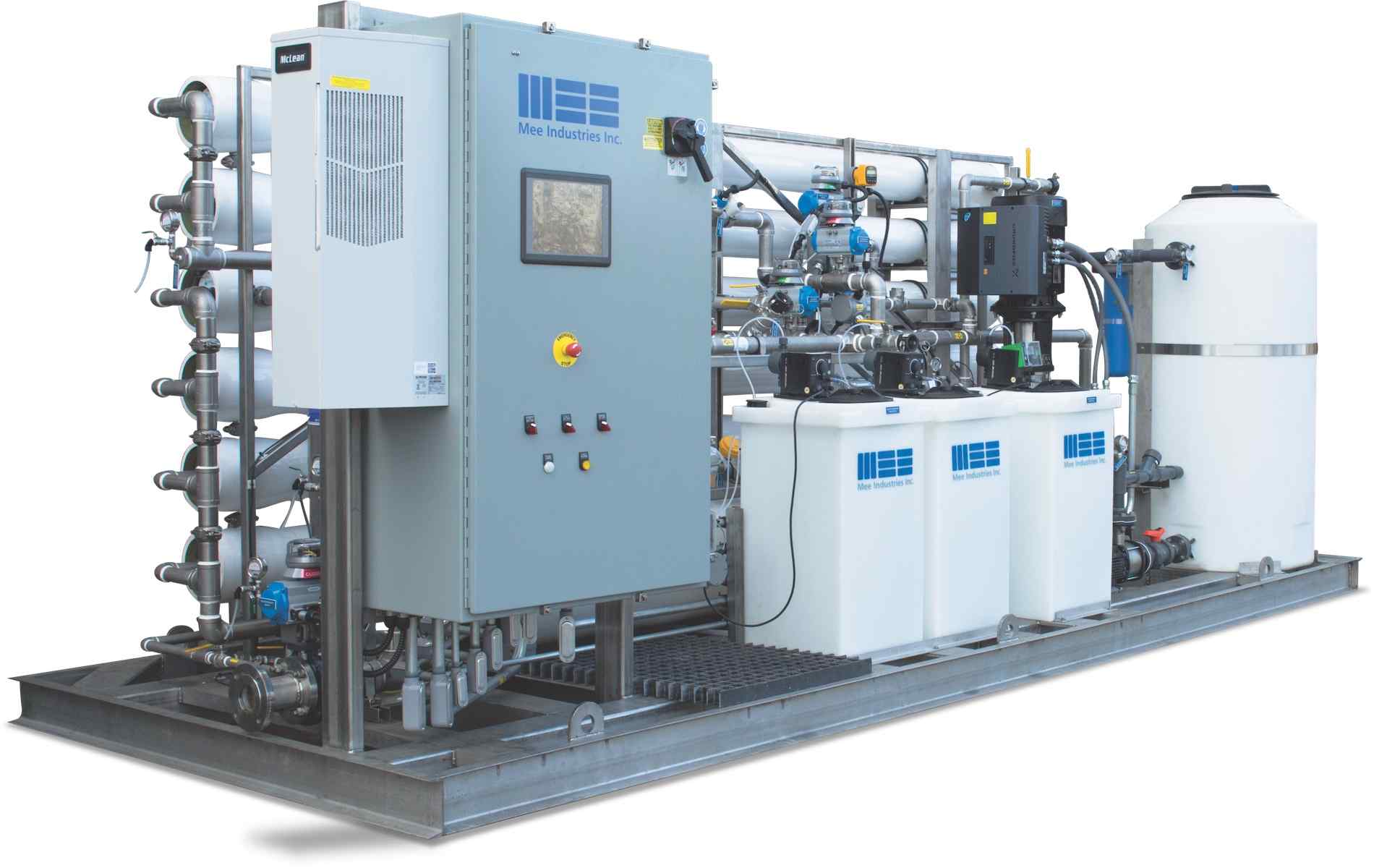 Industrial water treatment system with pipes, pumps, and control panel on a metal frame, featuring white storage tanks and blue accents.