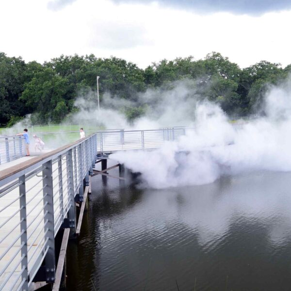 A wooden walkway extends over a misty lake, where two children play, shrouded in fog against a backdrop of lush greenery.