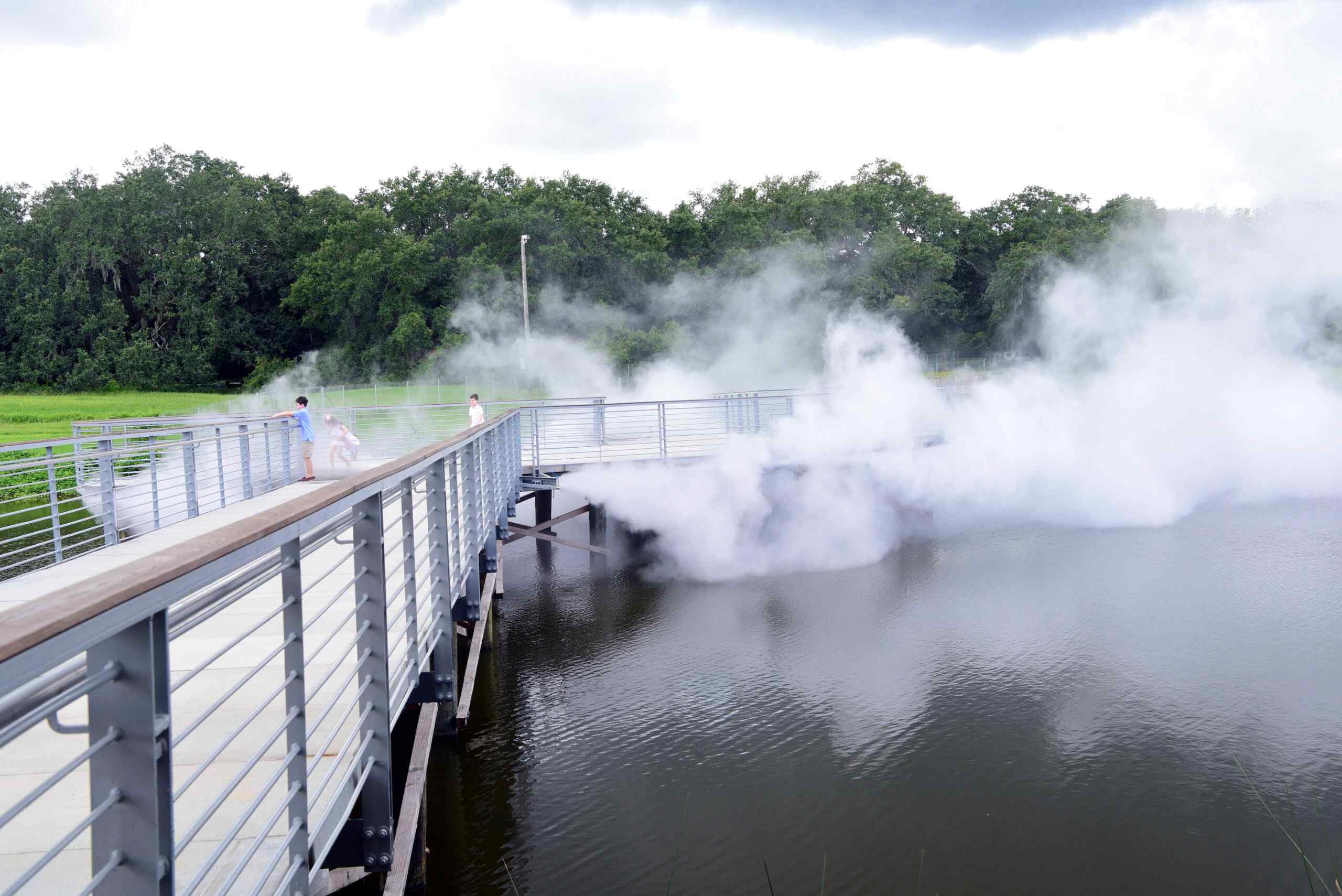 A wooden walkway extends over a misty lake, where two children play, shrouded in fog against a backdrop of lush greenery.