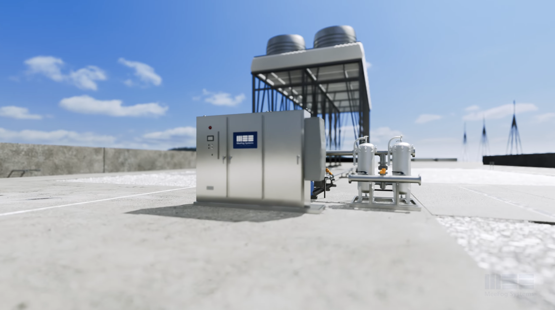 A 3D rendering of a MeeFog industrial heat exchanger cooling system unit installation