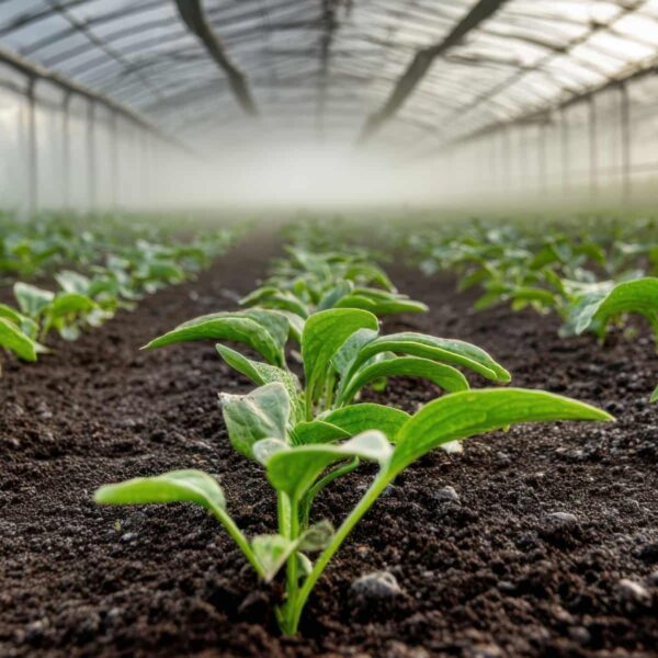 Seedlings Growing in a Misty Greenhouse with Rows of Fertile Soil