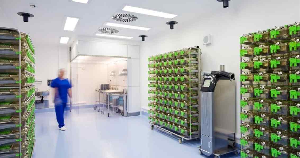 A sterile laboratory with green animal housing racks, a staff member in blue scrubs, and a glass-walled workspace in the background.