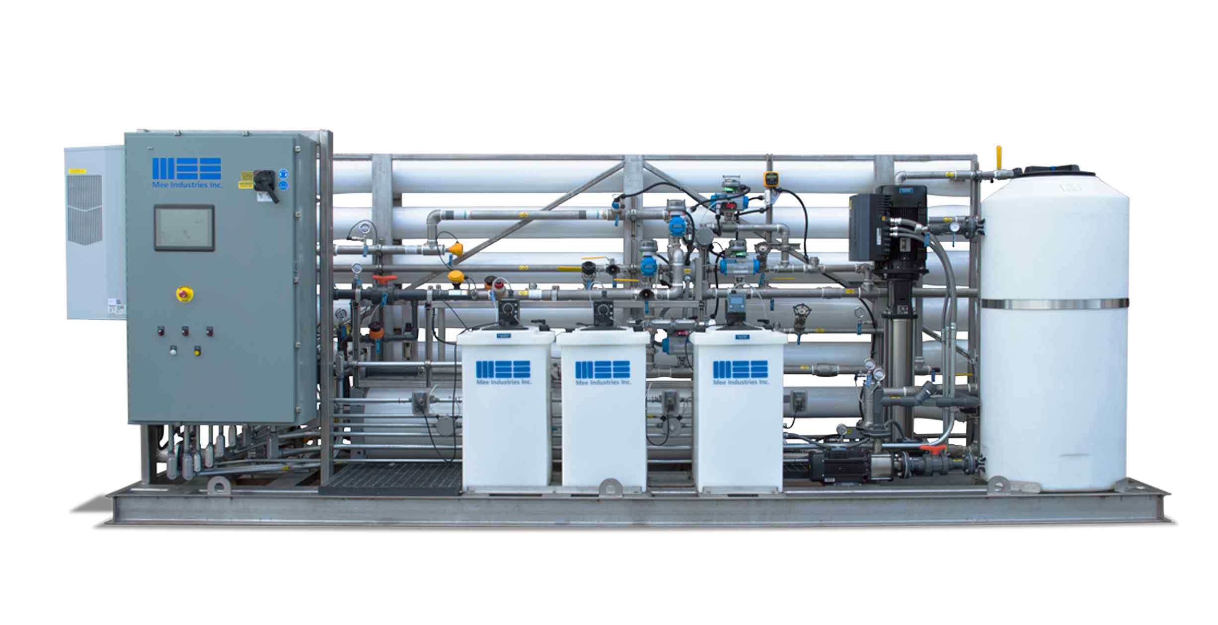 Industrial water treatment system featuring pipes, tanks, and control panel, designed for purification and filtration processes.