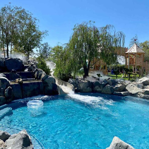 A vibrant pool area features a water slide, rocky landscaping, trees, and a wooden play structure, all under a clear blue sky.