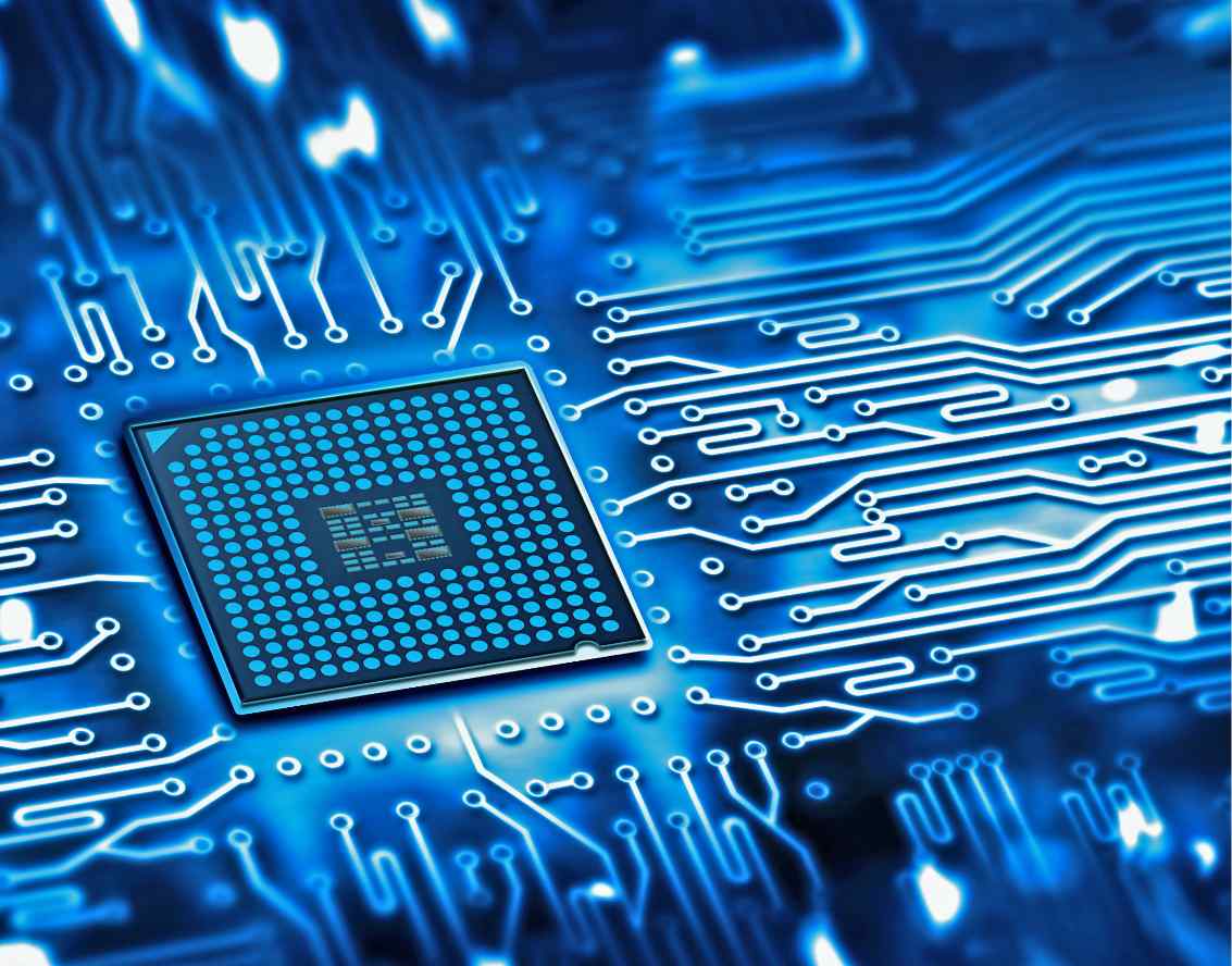 A close-up of a blue circuit board featuring a central processor chip with intricate connections radiating outward.